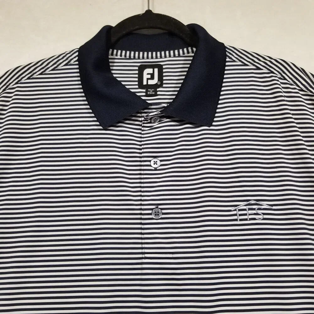 FOOT JOY FJ Mens Size L Navy Blue White Striped Short Sleeve Polo Shirt Golf